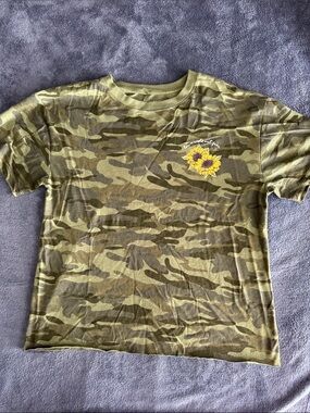 Awake Olive Camo Tee with Yellow Sunflower Graphic